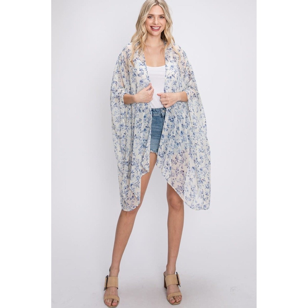 GeeGee White Blue‎ Floral Sheer Kimono Cardigan Lightweight Boho Vacation Large - Picture 2 of 10